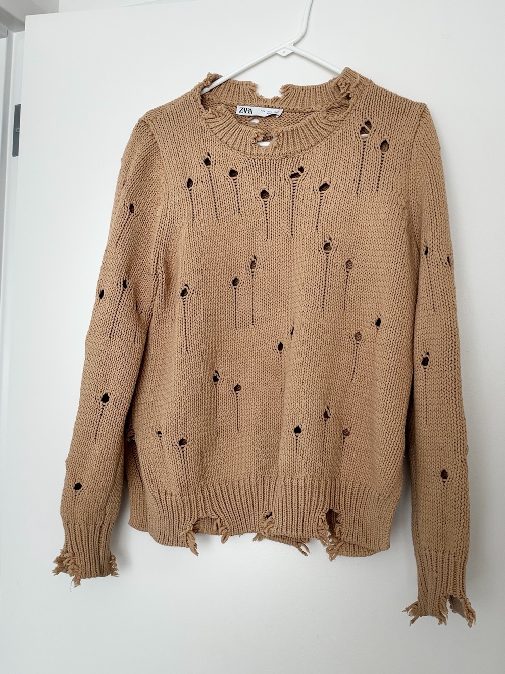 Zara Distressed Crewneck Sweater in Camel Brown